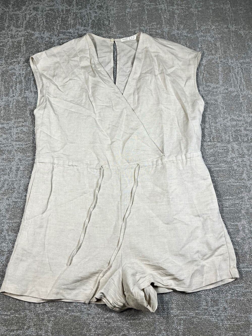 OYSHO Beige Linen Blend Wrap V-Neck Tie Waist Romper Pockets Button S